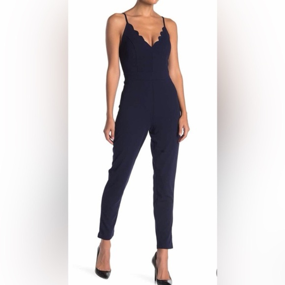 Max + Ash Navy Scalloped Spaghetti Strap Jumpsuit Size M